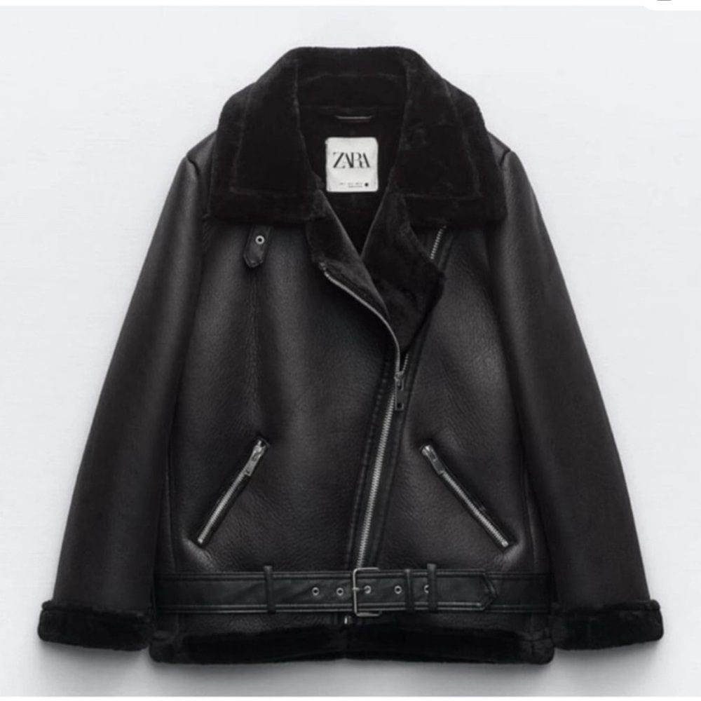 Zara Double Faced Black Faux Shearling Leather Biker Jacket